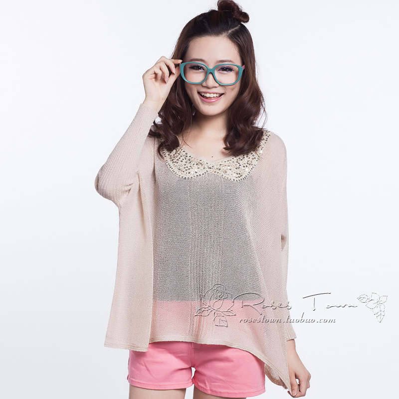 you) Cutout peter pan collar batwing sleeve knitted snidel perspectivity sweater 2012 autumn women's sweater
