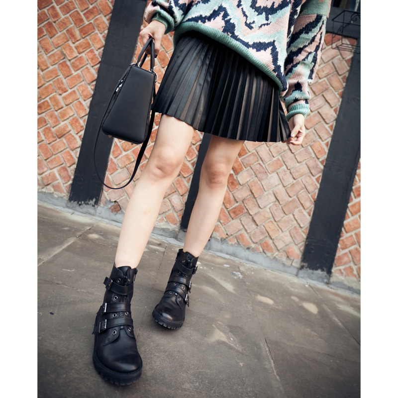 Youni cocoa sweet yoona all-match pleated slim waist leather skirt