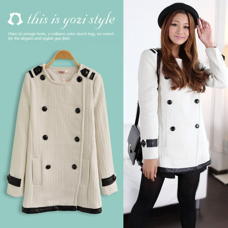 Yozi 2013 spring new arrival medium-long woolen overcoat leather mosaic woolen outerwear zc184