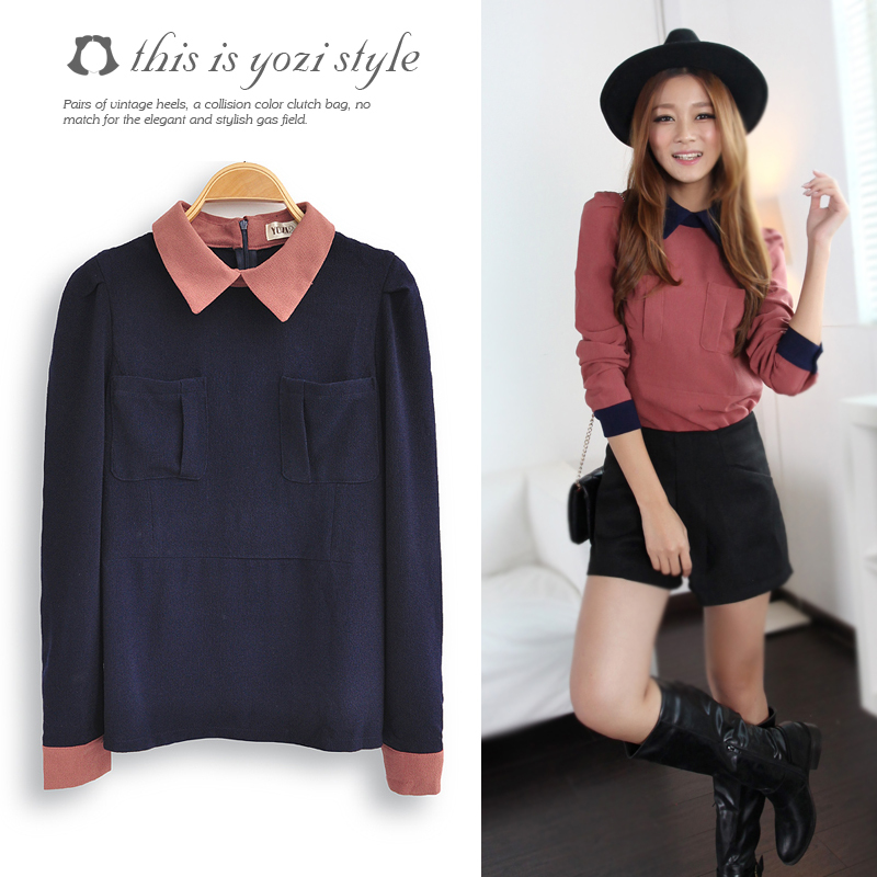 Yozi 2013 spring new arrival women's patchwork peter pan pullover long-sleeved shirt gg058