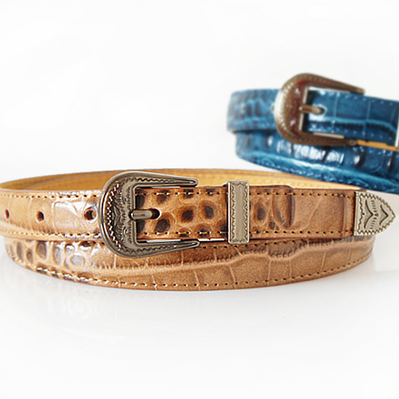 Yrxj crocodile pattern genuine leather carved decoration women's thin belt fashion all-match strap Women t095