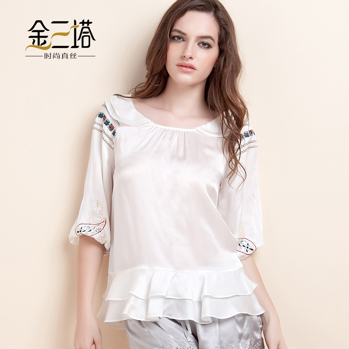 Ysw2a702 women's summer mulberry silk national trend embroidery silk top