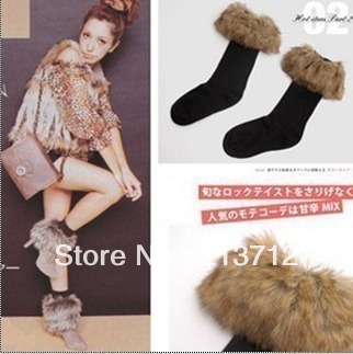 YWJR443 Free shipping Fashion long fur roll up hem snow winter sock boot covers fur socks knee-high socks FASHION STOCKING
