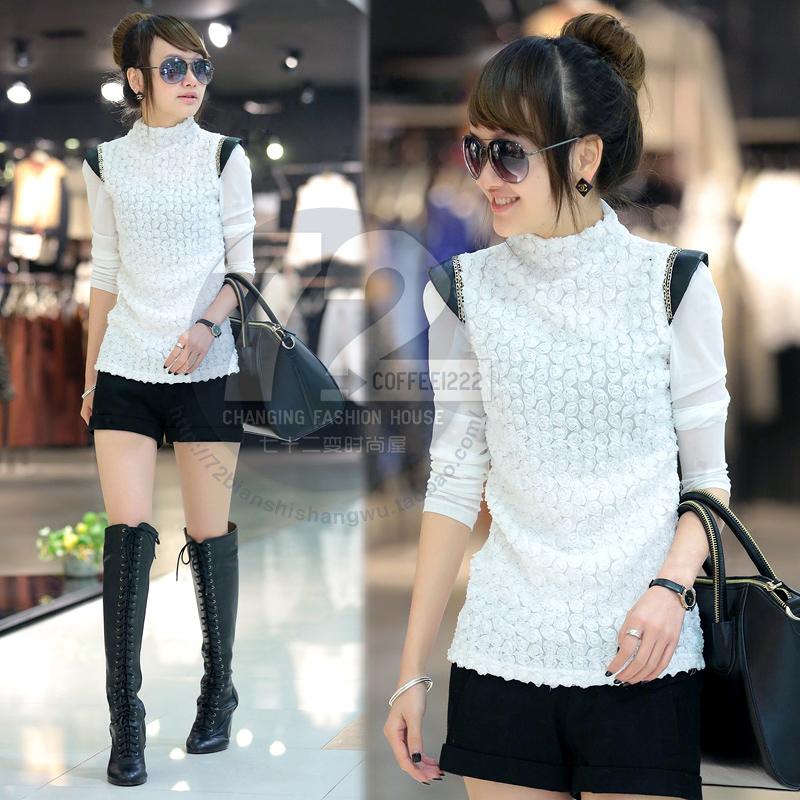 Yx13851 2013 spring women's stand collar rose leather patchwork long-sleeve T-shirt
