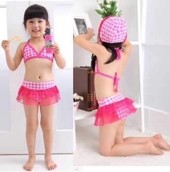 YY-125,free shipping,child bathing suit summer girl swim suit hat+plaid bikini+lace shorts kid swim wear Wholesale and Retail