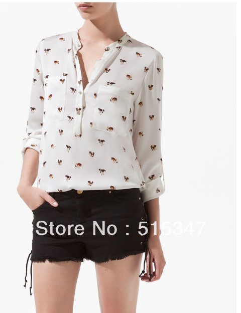 Z fashion women V-neck long-sleeve gold diamond buckle unisex casual dog print loose chiffon shirt coat