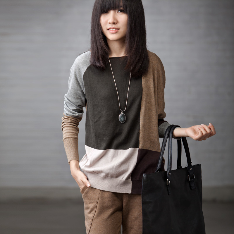 Z13a street loose slanting collar colorant match pullover female sweater 2012 - meters cocoa