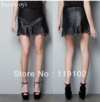 ZA** 1:1 Brand Women Fashion & Leisure Ruffles Leather Skirt, Lady Hot Mini Skirt with Rivets Sweep, Freeshipping