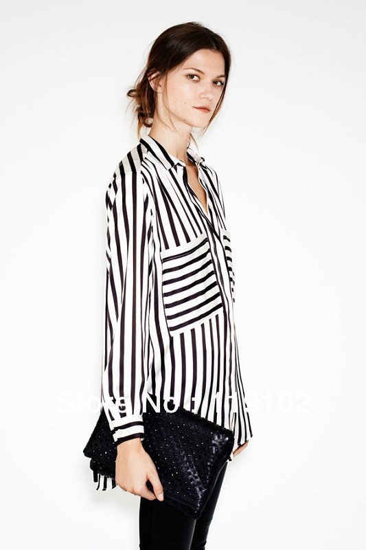 ZA** 1:1 Brand women's White and Black Striped Casual Chiffon Shirts, fashion blouse,free shipping Good quality