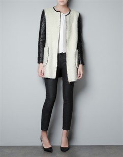 ZA*A Style New Womens White OL Woolen Collar PU Leather Sleeve Jackets Slim Fit Long Coats
