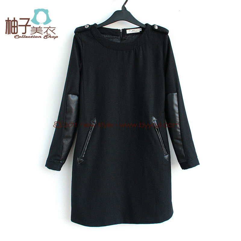 Za191-045 autumn and winter fashion women's o-neck long-sleeve leather mosaic medium-long woolen pullover one-piece dress