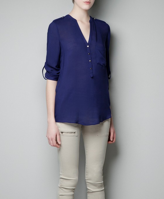 zar* 2013 spring models pocket shirt women/lady elegant small stand-up collar V-neck shirt ft136