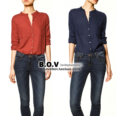 Zar shell button placketing collarless double side pocket long-sleeve women's shirt 3