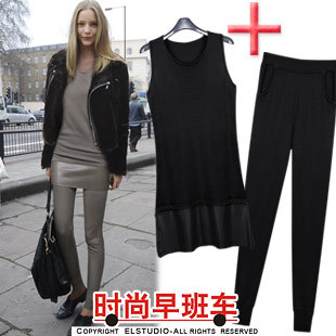 zb 2012 slim knitted medium-long patchwork vest knitted trousers kn650