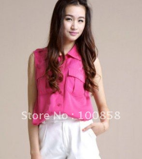 zc03038 Western Style Fashion Turn-down Collar Rose Pink Sleeveless Ladies Blouse