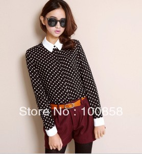zc10050 Fashion Style Women Polka Dot long Sleeve Cotton Blouse