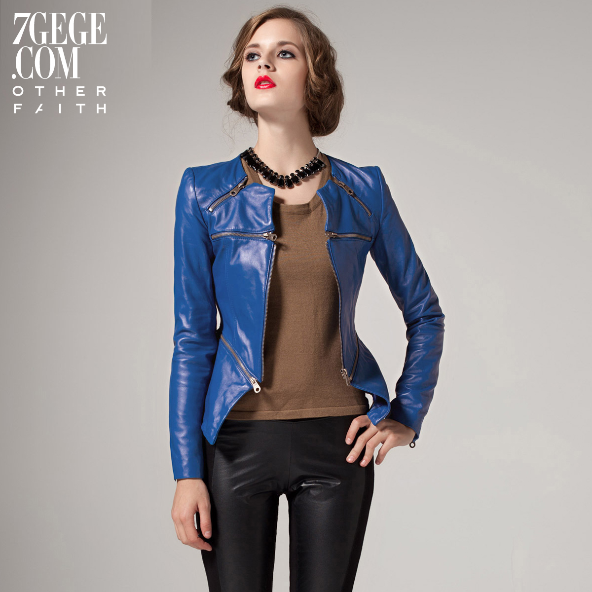 Zipper genuine leather short design leather clothing 13g30011