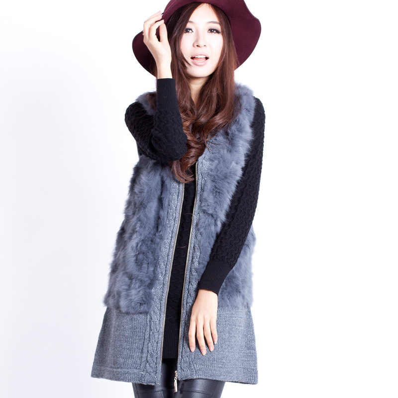 Zipper-up rabbit fur vest outerwear