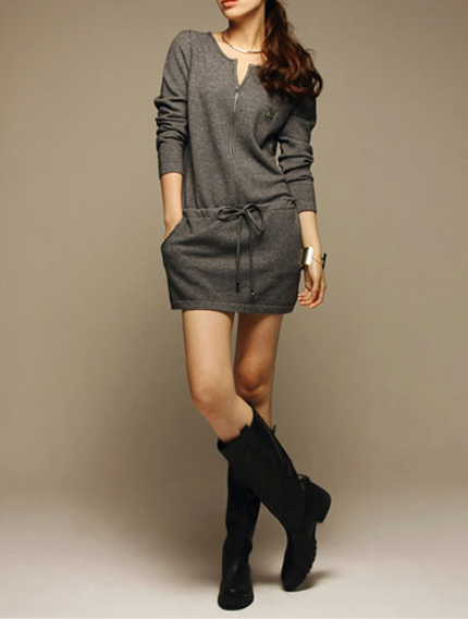 Zn58691 genuine leather bag fashion small V-neck all-match women's sheep wool knitted one-piece dress 3