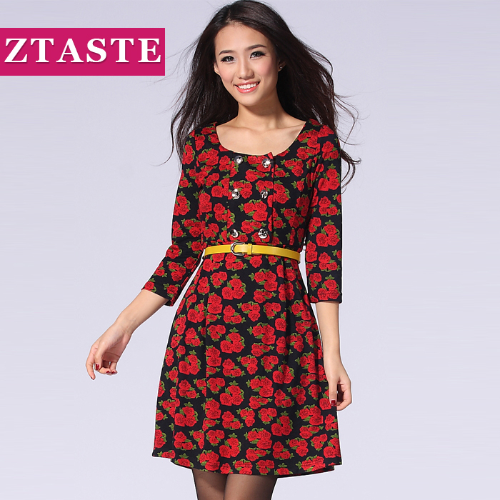 Ztaste2012 autumn and winter printing leather belt three quarter sleeve fashion plus size female dress women's yg1208