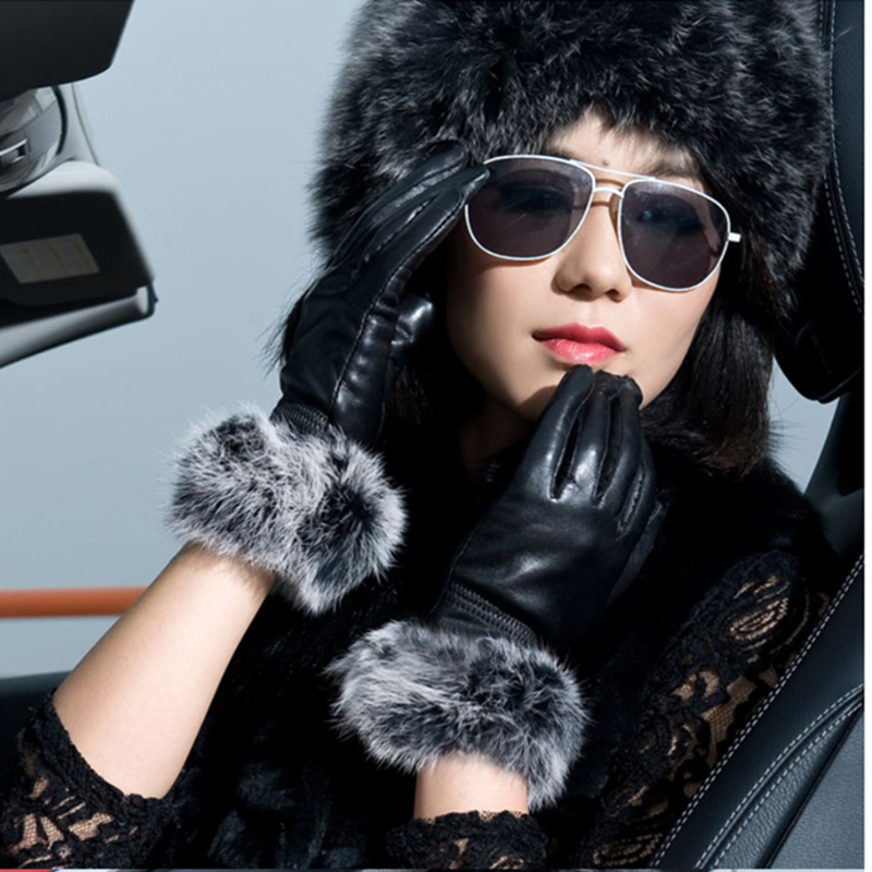 Zyicc sheepskin gloves female winter thermal women's all-match fashion rabbit fur genuine leather gloves