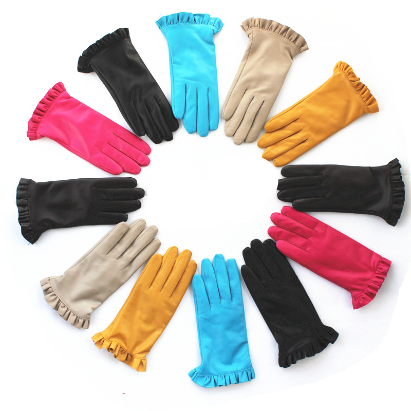 Zyicc women's genuine leather gloves winter fashion sheepskin gloves plus velvet thermal women's laciness short design